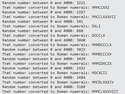 A screenshot of random Roman numerals being generated.
