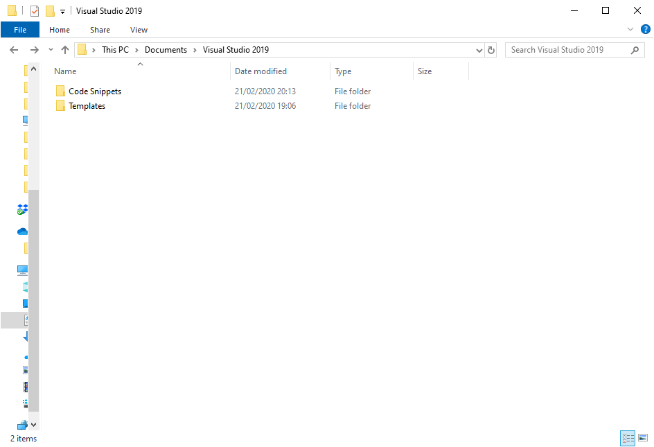 A screenshot of the Visual Studio 2019 folder.