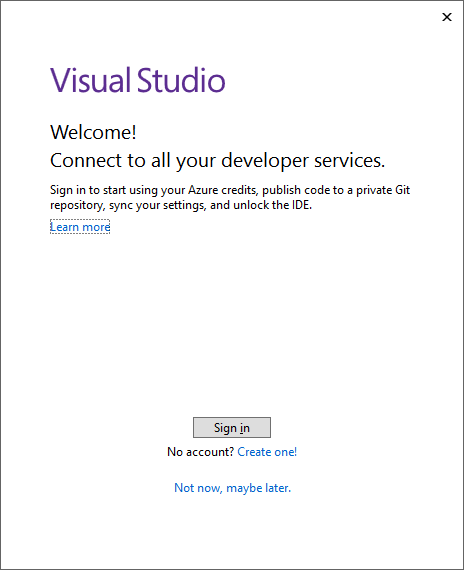 The Visual Studio installer prompt to sign in.