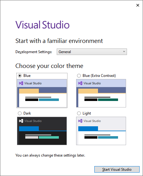 The Visual Studio installer prompt to change settings.
